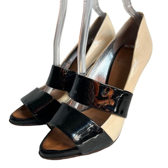 Giuseppe Zanotti high heel sandals patent leather black cream white peep toe - Picture 3 of 16